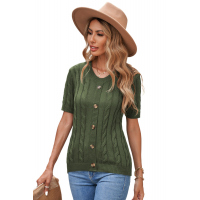 Green Cable Knit Short Sleeve Top with Buttons