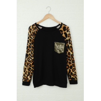 Black Round Neck Leopard Print Sequin Long Sleeve Top