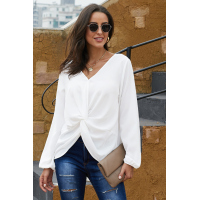 White Long Sleeve Twist Front Slit Blouse