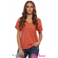 Orange V Neck Short Sleeves Cotton Blend Tee with Front Pocket and Side Slits