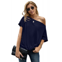 Blue Off-The-Shoulder Slash Neck Casual Loose Fitting Top