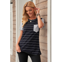 Black Striped Short Sleeve Contrast Color T-Shirt with Pocket