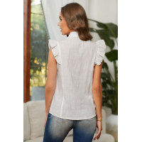 White Sleeveless Button Closure Ruffled Linen Shirt 