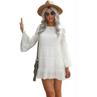 White O Neck Flare Sleeve Solid Color Hollow Out Mini Dress