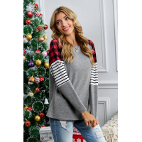 Gray Buffalo Plaid & Stripe Splicing Long Sleeve Top