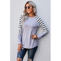 Gray Striped Animal Print Colorblock Long Sleeve Top