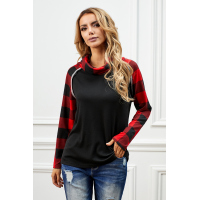 Black Cowl Neck Plaid Splice Casual Long Sleeve Top