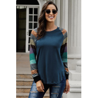 Color Block Long Sleeves Navy Pullover Top