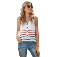 White V Neck Striped Pattern Knit Tank Top with Buttons