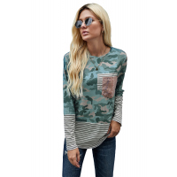 Camo Stripe Pocket Sequins Splicing Long Sleeve O-neck Top