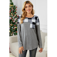 Black Buffalo Plaid Splicing Long Sleeve Top