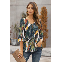 Green Tropical Leaf Print Button Up Blouse