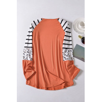 Orange Striped Animal Print Colorblock Long Sleeve Top