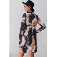 Orange Dark Gray Tie Dye Mini Dress with Choker Neckline