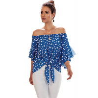 Sky Blue Polka Dot 3/4 Bell Sleeve Off Shoulder Front Tie Knot Top