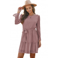 Pink Crew Neck Fuzzy Polka Dot Ruffled Mini Dress with Belt