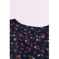 Navy Button V Neck Long Sleeve Floral Top