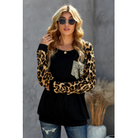 Black Round Neck Leopard Print Sequin Long Sleeve Top