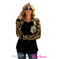 Black Round Neck Leopard Print Sequin Long Sleeve Top