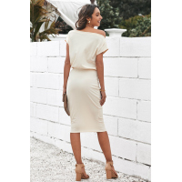 Beige Boat Neck Knit Midi Dress 