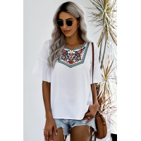 Retro Embroidered Print White Ruffle Short Sleeve Top