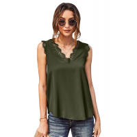 Green Sleeveless Eyelash Lace V Neck Tank Top