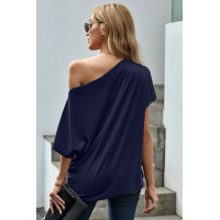 Blue Off-The-Shoulder Slash Neck Casual Loose Fitting Top