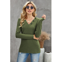 Green V-neck Button Solid Color Long Sleeve Top