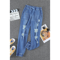 Sky Blue Pocketed Distressed Denim Joggers