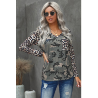 Leopard Camo Splicing Print V Neck Long Sleeve Top