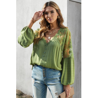 Green V Neckline Lace Shoulder Patchwork Blouse