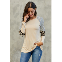 Khaki Striped and Leopard Color Block Sleeves Top