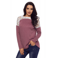 Split Effect Back Lace Insert Mauve Long Sleeve Top