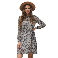 Leopard Ruffled Zipper Lantern Sleeve Mini Dress