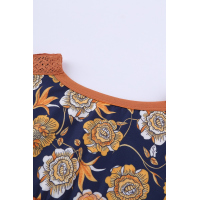 Brown Boho Floral Print Balloon Sleeve Top with Lace Details