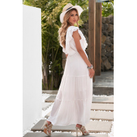 White Lace Splicing Ruffled Deep V Neck Maxi Dress