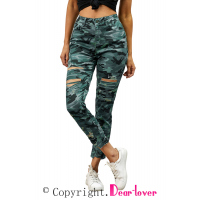 Green Camouflage Hollow out Skinny Jeans with Pocket