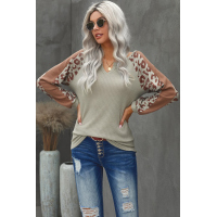 Mocha Leopard Print Waffle Knit Long Sleeve Top