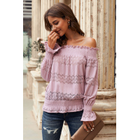 Pink Off Shoulder Ruffle Long Sleeve Smocked Waist Lace Crochet Blouse