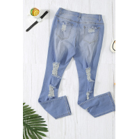 Light Blue Cut Out Distressed Ripped Pockets High Waisted Long Jeans