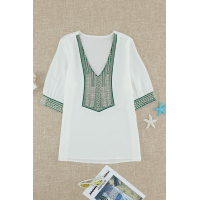 White Deep V-neck Half Sleeve Embroidery Patch Blouse