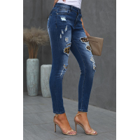 Patches Of Leopard Denim Distressed Jeans