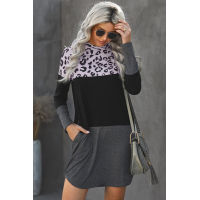 Leopard Color Block Splicing Long Sleeve Cotton Mini Dress