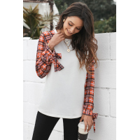 Orange Plaid Patchwork Long Sleeve Top with Cuff Bow