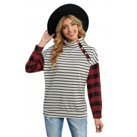 Plaid Patchwork Striped Button Long Sleeve Top