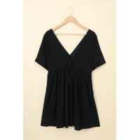 Black Kimono Sleeve V-neck Babydoll Tiered Mini Dress