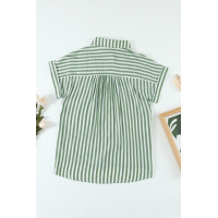 Green Short Sleeve Buttoned Striped Print Blouse