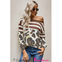 Brown Striped Leopard Long Sleeves Blouse