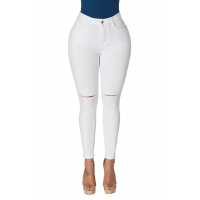 White Trendy Slit Knee Denim Pants