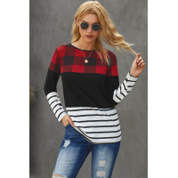 Red Plaid Splicing Striped Color Block Long Sleeve Top